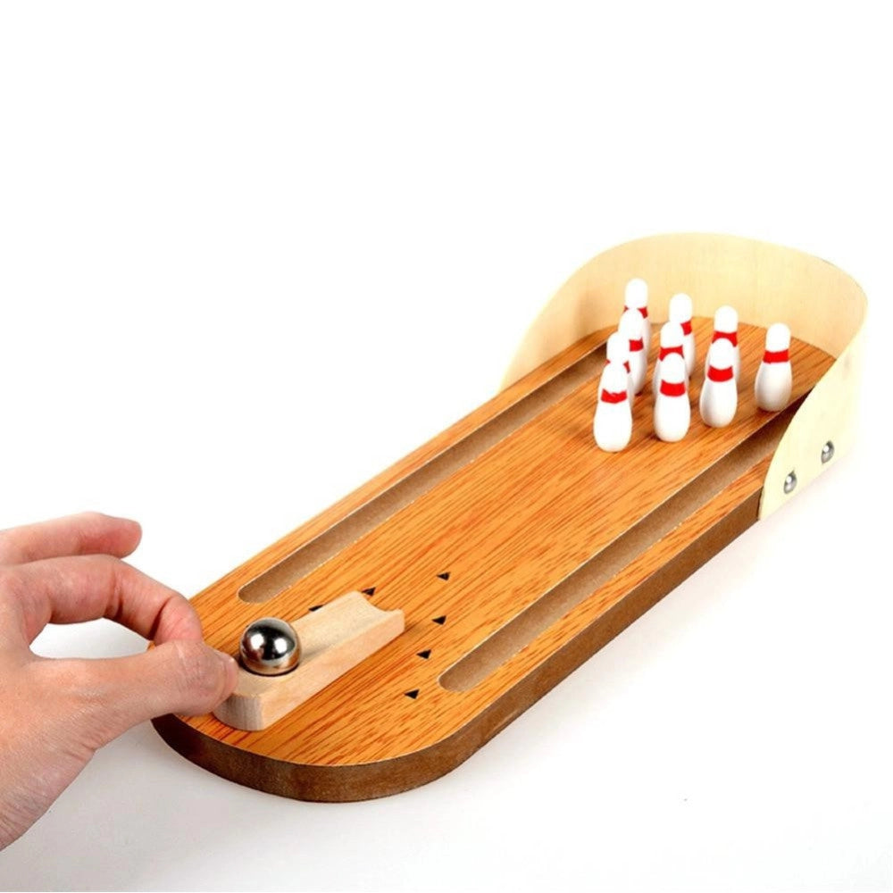 Trade Shop - Mini Boowling Gioco Da Tavolo In Legno Con 10 Birilli E Palla In Metallo -
