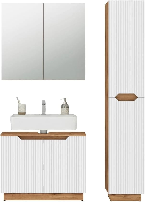 Set di mobili da bagno Lotta, Rovere/bianco a strisce, 3 parti