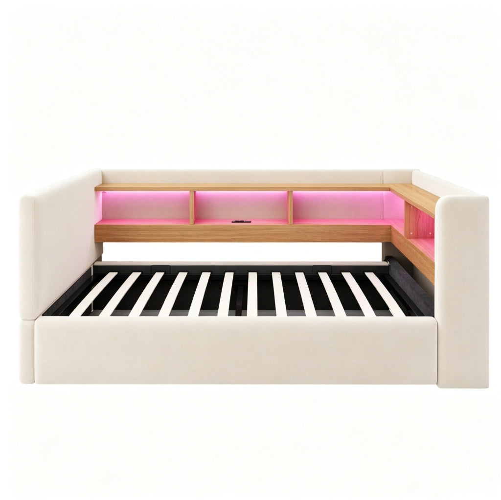 Divano letto 90x190 cm con contenitore; LED e prese in flanella beige