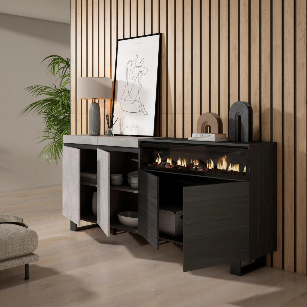 Credenza, Mobile, 200x35x87cm, 4 Porte, Camino elettrico, Design industriale, grigio cemento RF2414