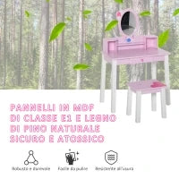 Toeletta per Bambine +3 Anni in Legno, Set Tavolo da Trucco Giocattolo con Specchio e Sgabello, Rosa