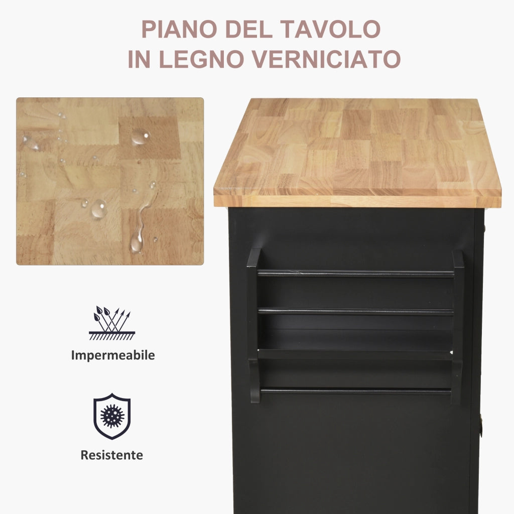 EasyComfort Carrello da Cucina Portavivande con Cassetti, Armadietti e Portaspezie, in Legno e MDF, 111x44.5x82.5 cm, Nero