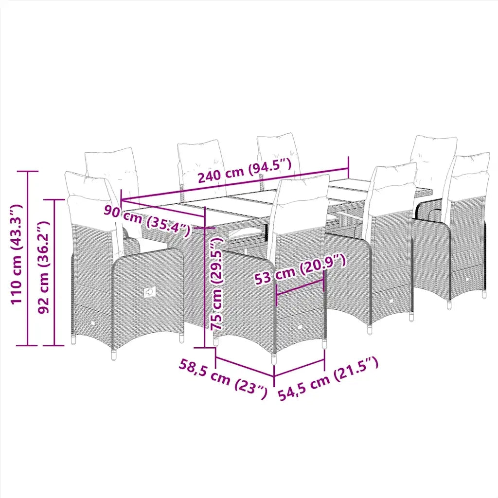 Set BistrÃ² da Giardino 9 pz con Cuscini in Polyrattan Marrone