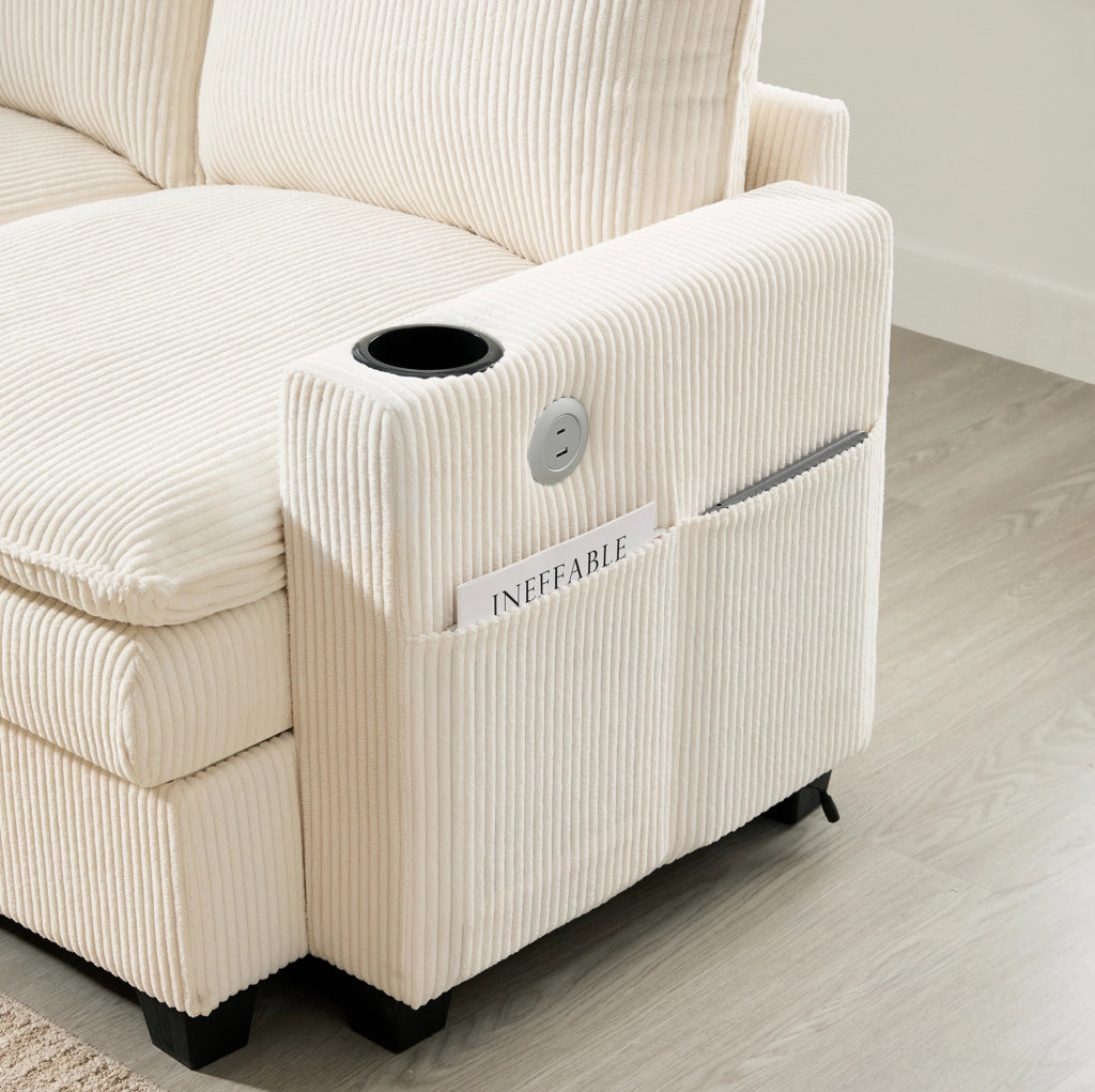 Divano modulare componibile L/U con USB; contenitore e portabicchieri; corduroy beige 280x151x82 cm