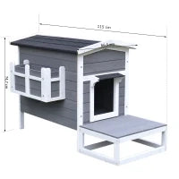 Cuccia per Gatti Rialzata con Balconcino e Tetto Impermeabile da Giardino Legno 115x66.5x74.7cm Grigio