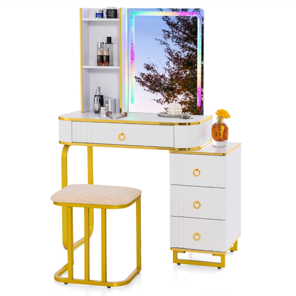 Toeletta da trucco RGB con specchio 7 luci LED dinamiche porte USB type-c e 4 cassetti, Tavolo da trucco Bianco-Tavoli da trucco