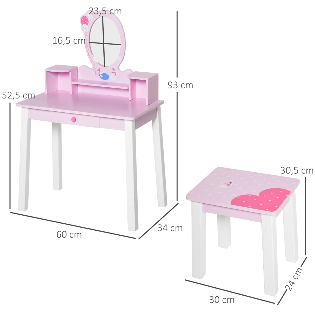 Tocador Principessa con Specchio e Sgabello per Bambine ¨C zephmum ¨C Legno Rosa 60x34x93 cm