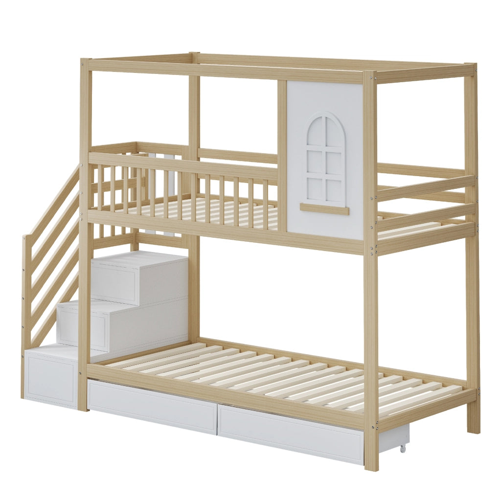 LETTO A CASTELLO 90x200 cm Legno naturale con scala e cassetti
