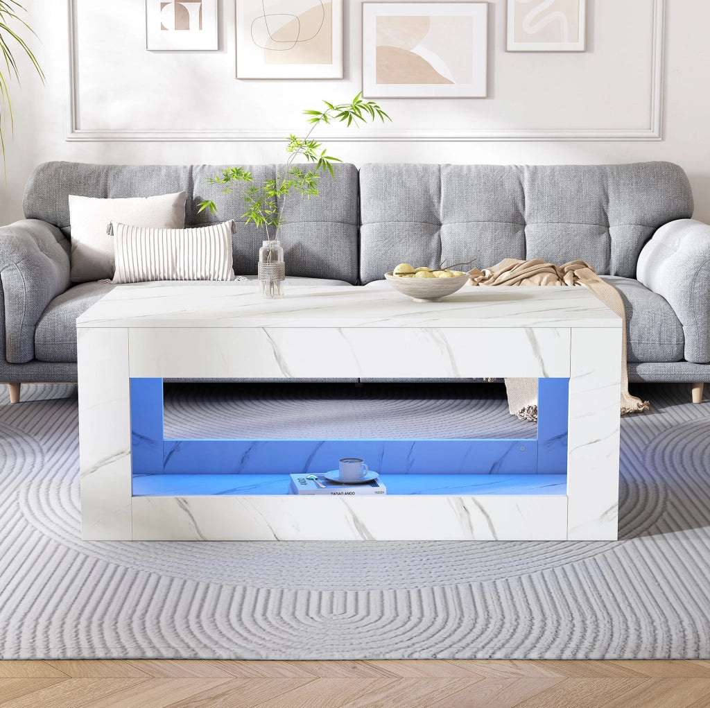 Tavolino da caffè con LED e vano aperto 100x50x50 cm bianco effetto marmo