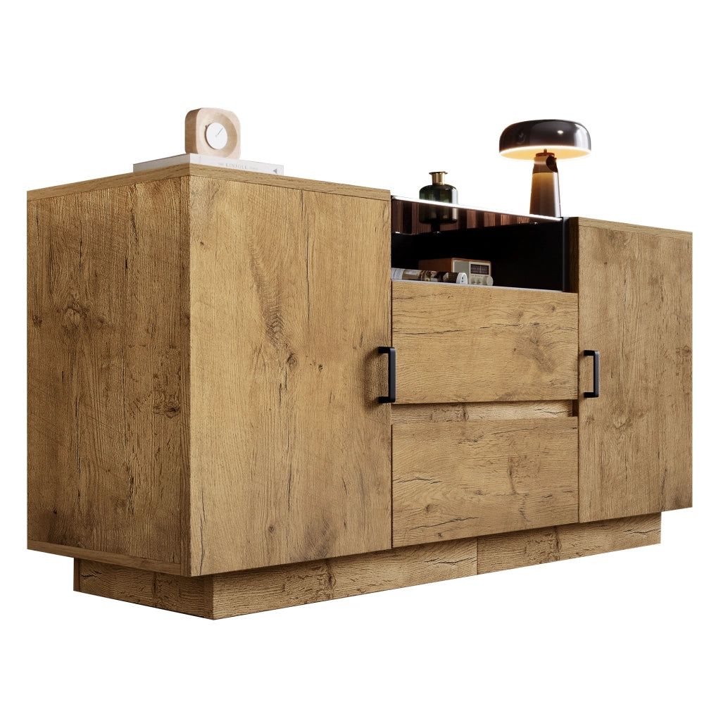 Credenza 140x40x70 cm con 2 cassetti; 2 ante e vano aperto in legno; vetro e metallo rovere chiaro
