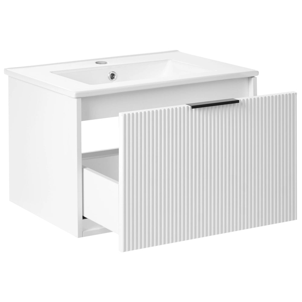 Mobiletto a muro con lavabo in legno massiccio Bianco con maniglia nera per il bagno 60 cm stile moderno