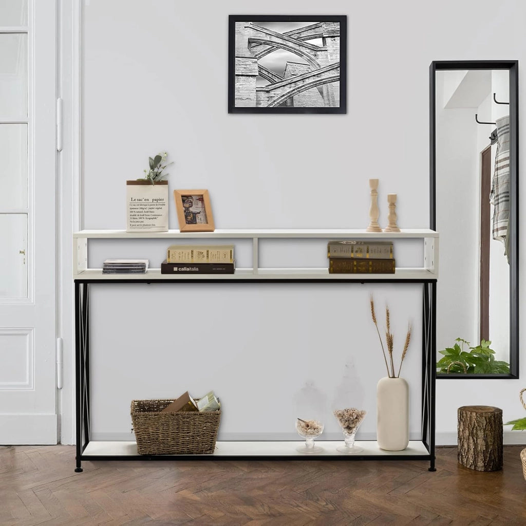 Tavolo Consolle Ingresso, Tavolini Stretto a 3 Ripiani, Salvaspazio e Multiuso, in Ferro, Industriale, Portata di 45 kg, 120x23x79cm, 3 Colori Disponibili, Nero/Bianco/Marrone