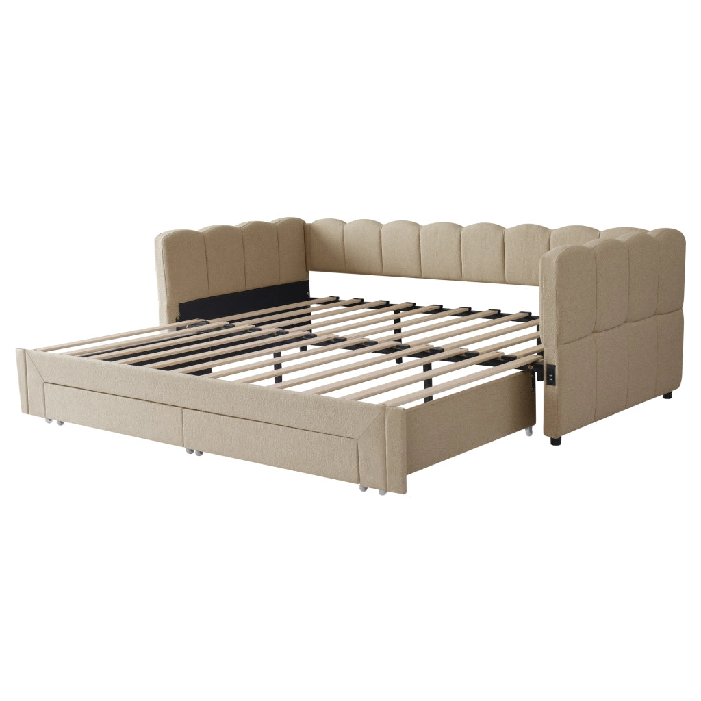 Letto daybed estraibile 90x200 cm con USB e Type-C; 2 cassetti; chenille beige