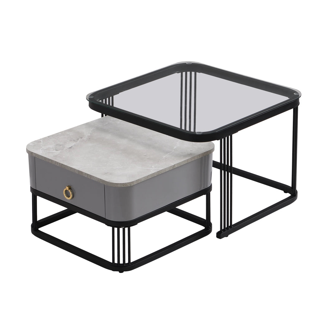 Tavolini da Caffè Impilabili 2 Pezzi con 1 Cassetto; Piano in Vetro e Effetto Marmo; Struttura in Metallo; in MDF; Nero; 60×60×42 cm
