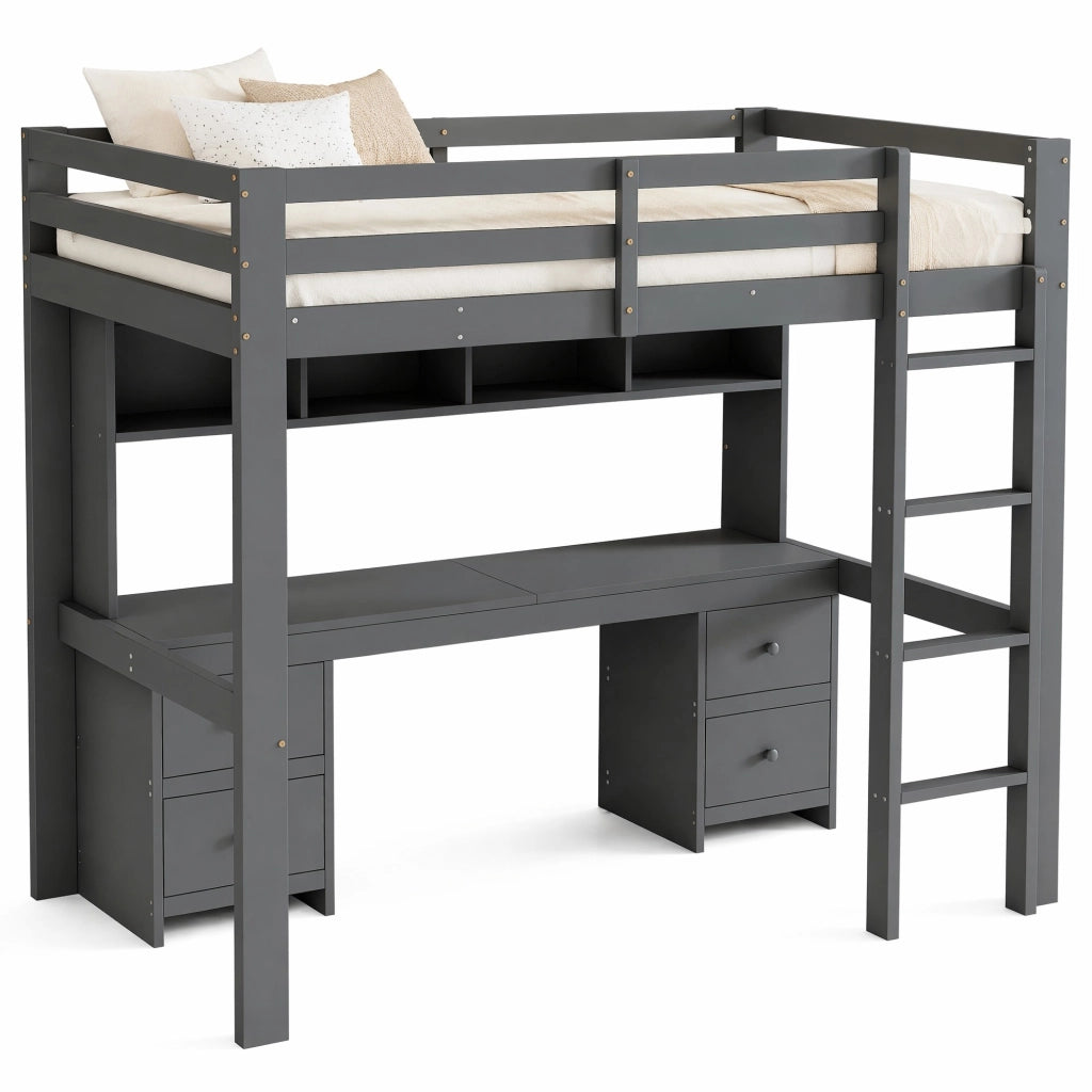 Letto a soppalco 90x200 cm con scrivania e cassetti grigio