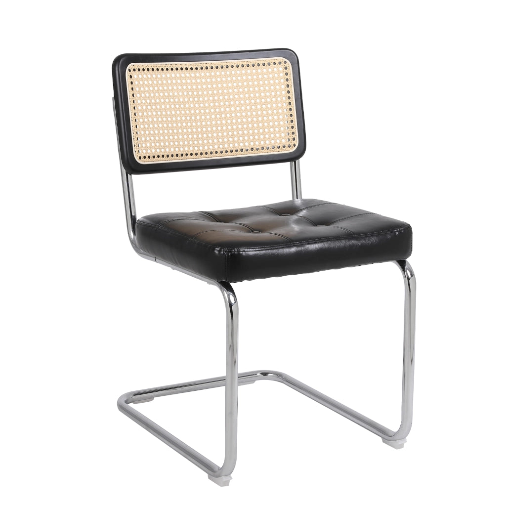 Sedie da Pranzo Set 2 Pezzi ¨C MINIMAL ¨C Rattan, Ecopelle, Schienale a Rete, Gambe in Metallo, Nero