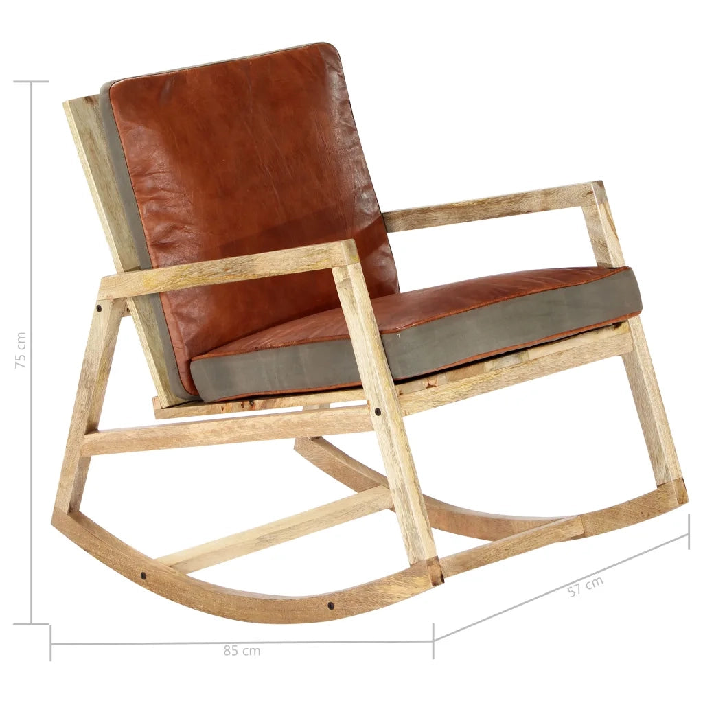 Sedia a Dondolo Marrone in Vera Pelle e Legno Massello di Mango 282906