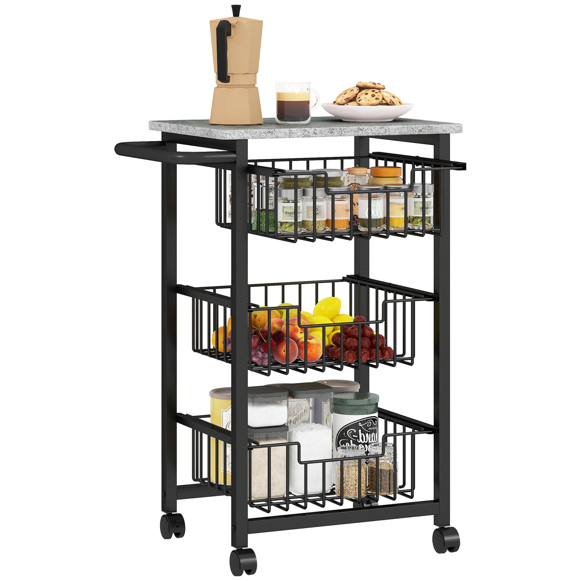 Carrello da Cucina 49,5x31x69 cm a 3 Cestelli con Maniglia in Acciaio e Legno Nero e Grigio Chiaro