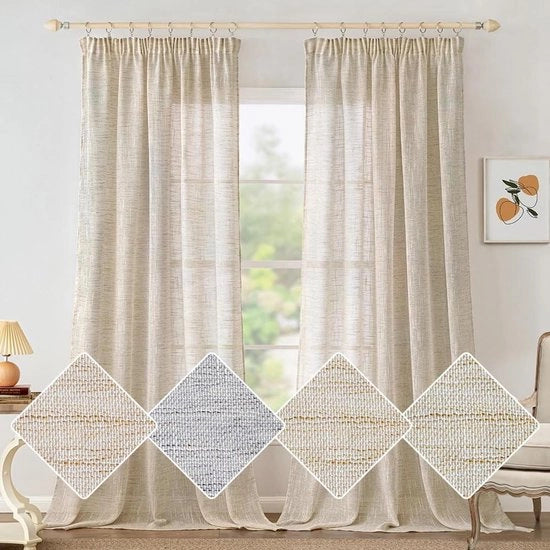 Gordini in lino con cintura pieghettata - design moderno per salotto e camera da letto - set da 2 marrone-bianco 140 x 245 cm