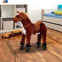 Cavallo a Dondolo per Bambini 2+ Anni con 4 Rotelle e Suoni Realistici, Dondolo per Bambini Imbottito con Poggiapiedi, 65x28x75 cm, Marrone