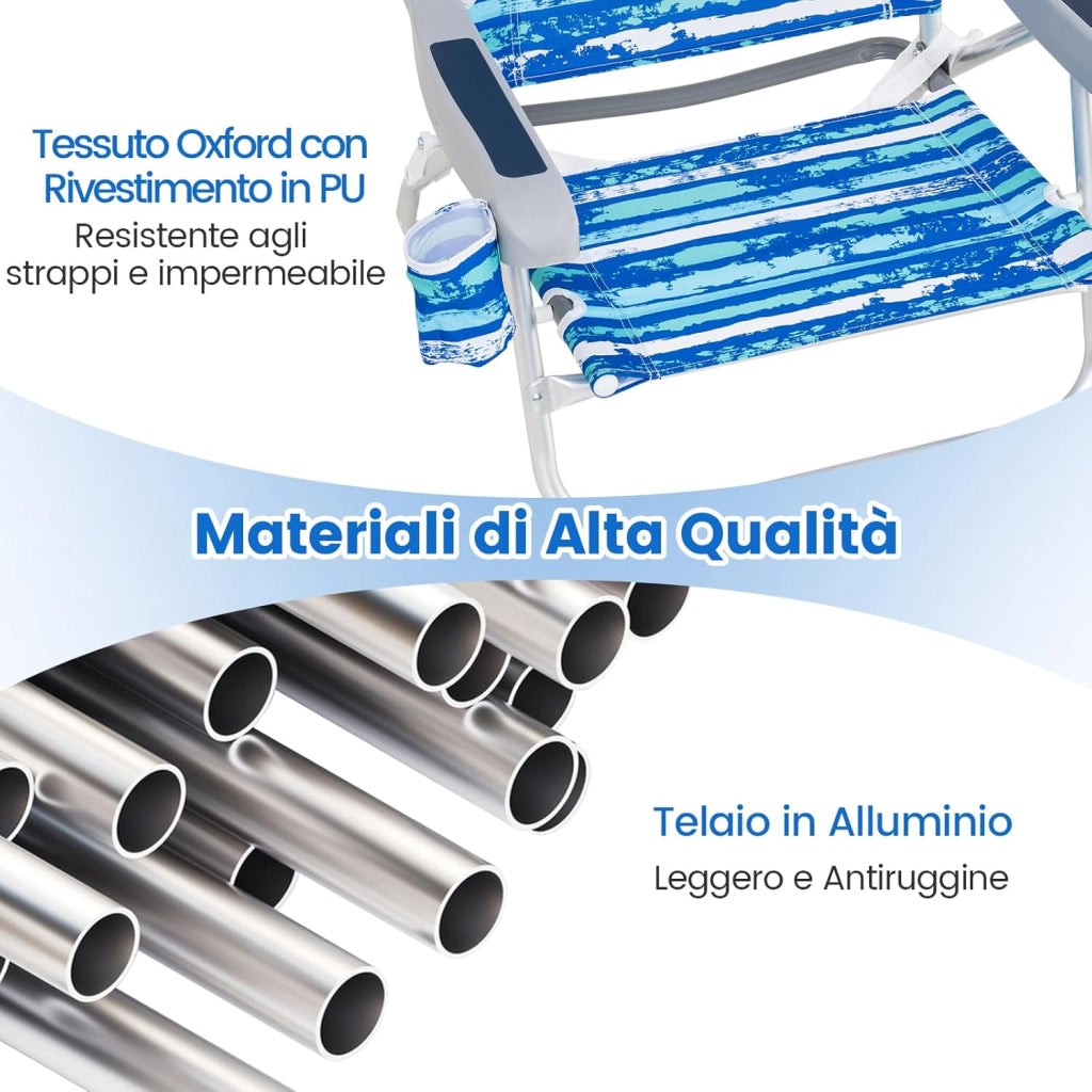 Set di 2 Sedie Pieghevole da Spiaggia, Lounge Sdraio con 5 Posizioni Regolabili, Poltrona da Mare con Cuscino, Porta Asciugamano, Braccioli & Portabicchieri, Portata 150 kg (Blu)