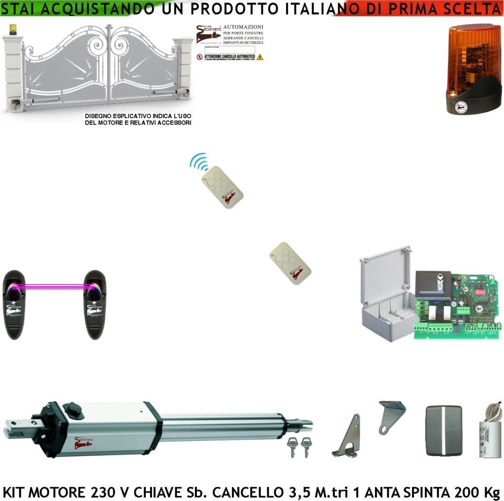 Cancello Elettrico da 3,5 Metri 1 Anta Kit Automatismo Motore Elettromeccanico 230 V Spinta 250 Kg Centrale 2 Radiocomandi 1 Coppia Fotocellule Faro Led Stelo Retrattile Sblocco a Chiave Cartello