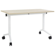 Scrivania rettangolare pieghevole con rotelle portatile con struttura in metallo legno chiaro e bianco 120 x 60 cm stile moderno