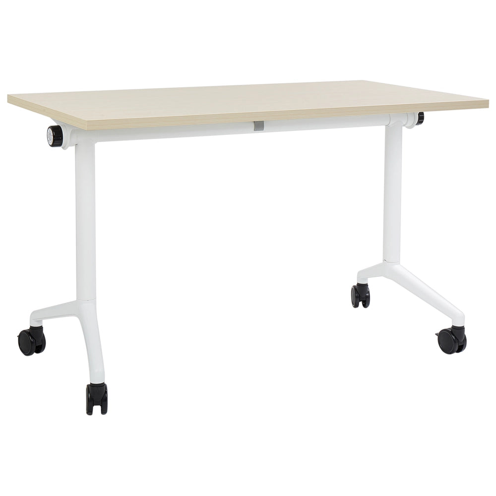 Scrivania rettangolare pieghevole con rotelle portatile con struttura in metallo legno chiaro e bianco 120 x 60 cm stile moderno