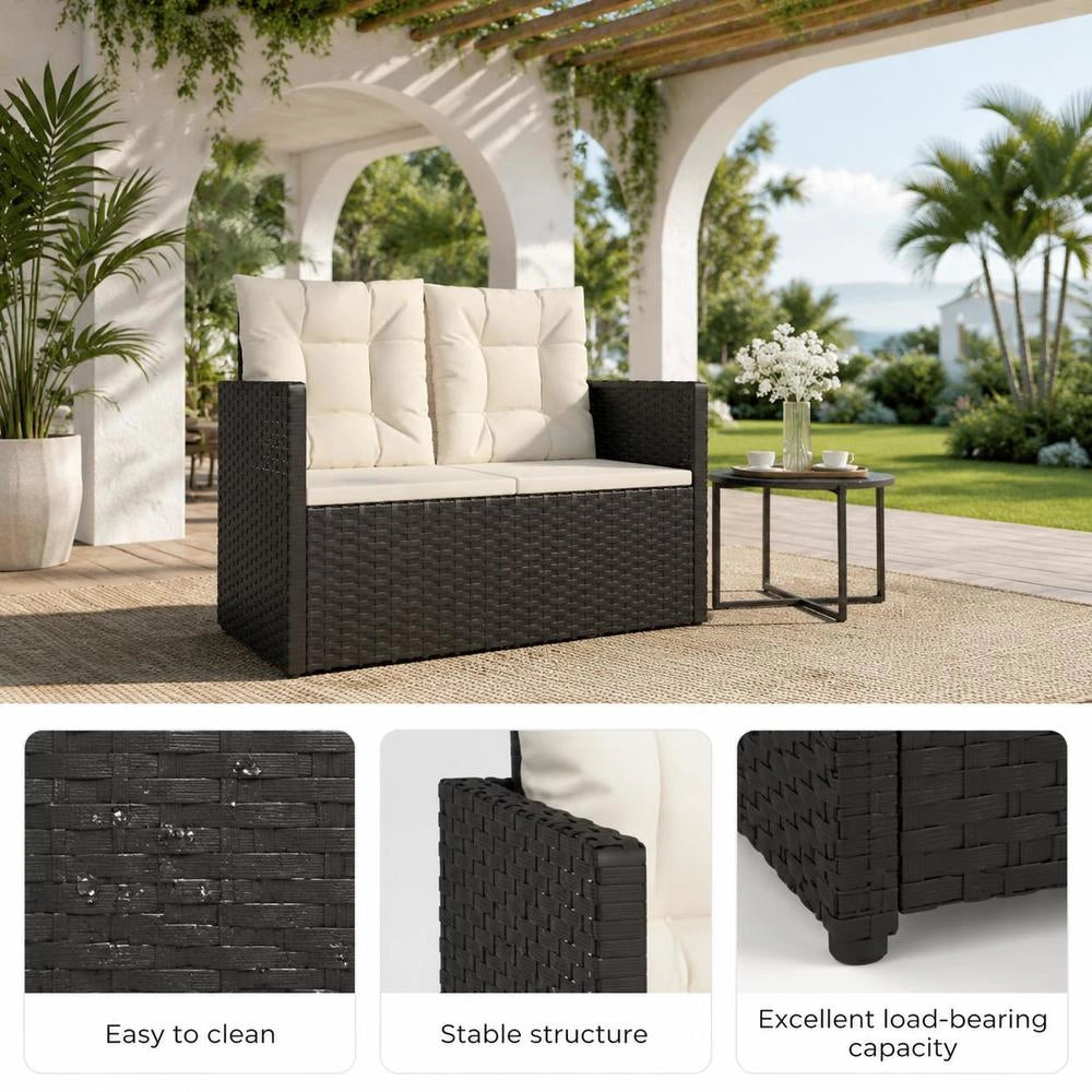 Garden Bench With Cushion, Black, 105 Cm, Poly Rattan