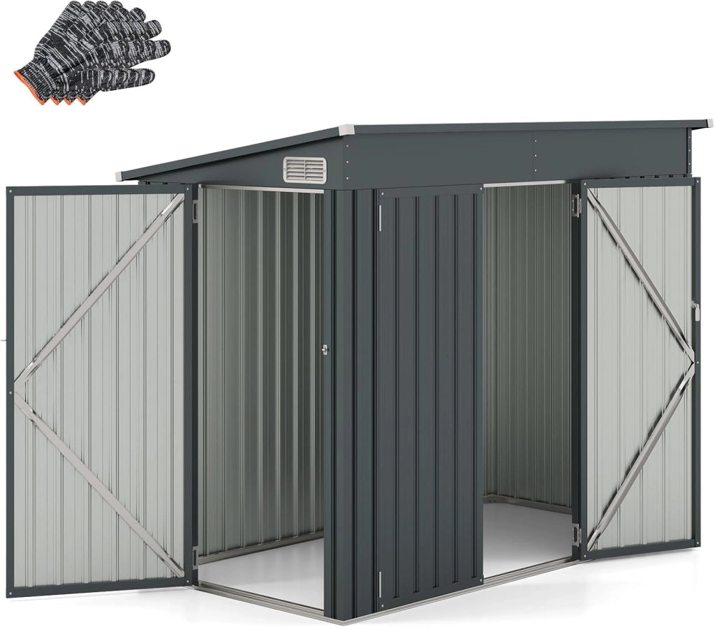 Capanno da Giardino 2,6㎡, Casetta Porta Attrezzi da Esterno in Metallo Zincato Resistente alle Intemperie con 2 Porte e Tetto Inclinato, Ripostiglio per Cortile (Grigio)