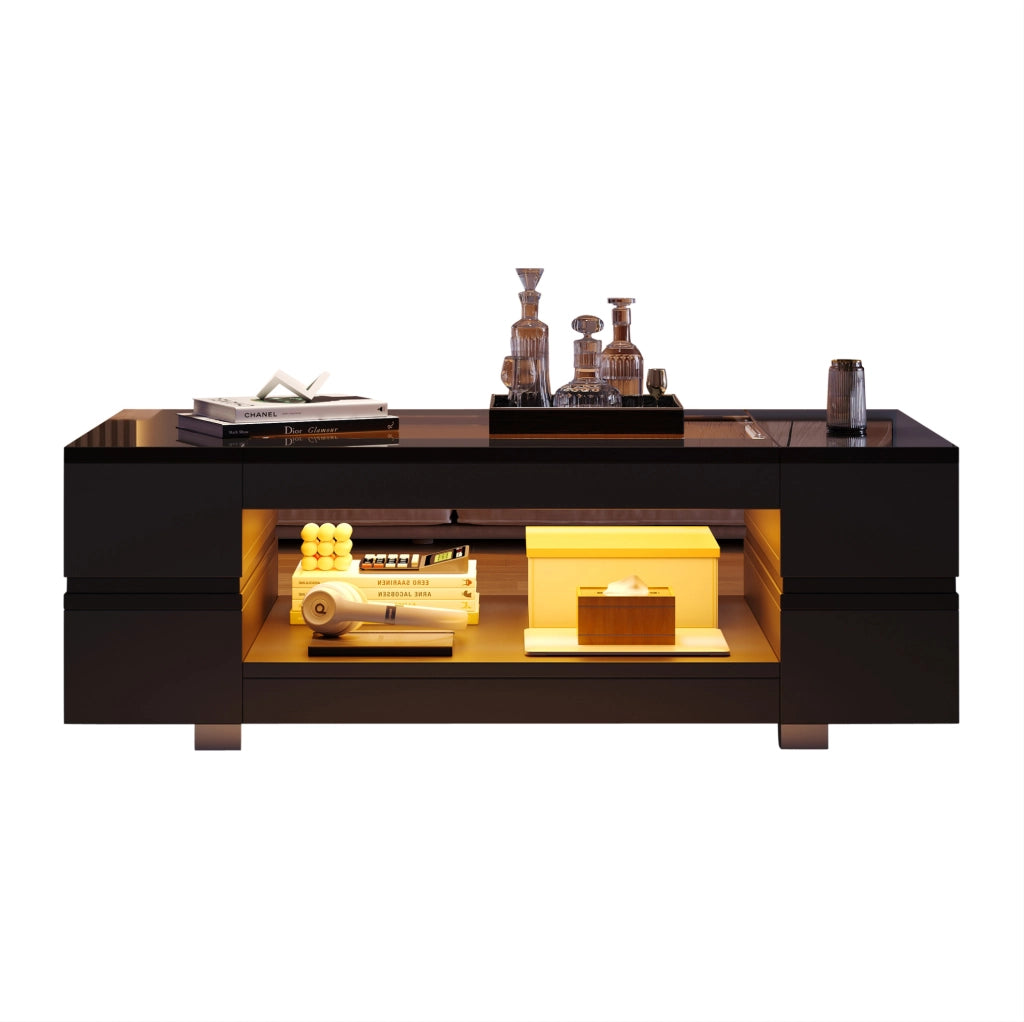 Tavolino da salotto LED nero 100 x 50 x 35 cm con struttura a doppio livello e piano in vetro temperato
