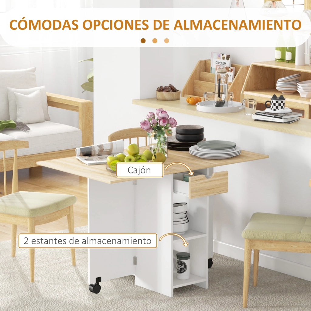 Tavolo da Cucina Pieghevole con Ruote e Cassetto ¨C Zephmum ¨C Roble e Bianco 120x72x75 cm