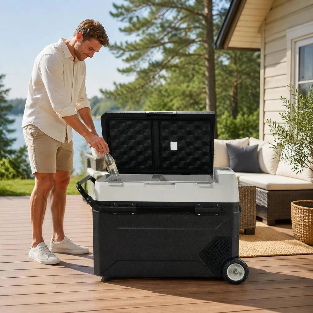 Camping Refrigerator 53L Cooler Box, 12/24V Rollable Electric Freezer Box 2 In 1 Dual Zone, Car Refrigerator Compressor For Warming And Cooling 60W Portable Handle Boat, Truck, Mobile Grey