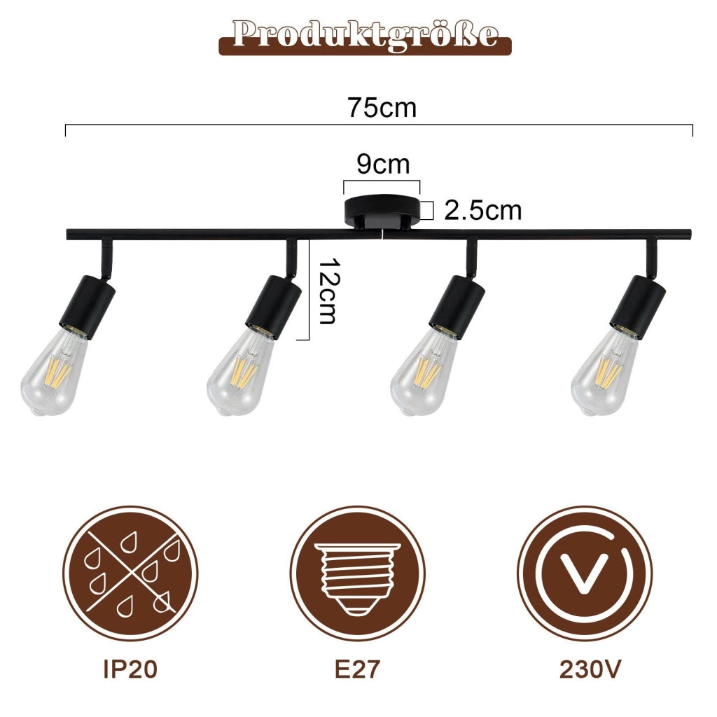 ZMH Faretto da soffitto nero - Lampada da soffitto con faretti E27 orientabili a 350° per camera da letto vintage