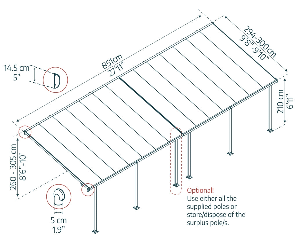 Pergola Addossata in Alluminio Feria 3X8.5 m colore Grigio