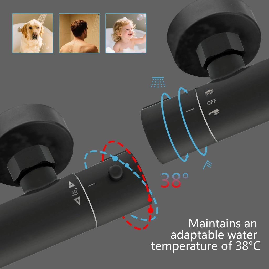 AICA Colonna doccia a ponte con soffione circolare 20x20cm, sistema doccia con miscelatore, nero opaco