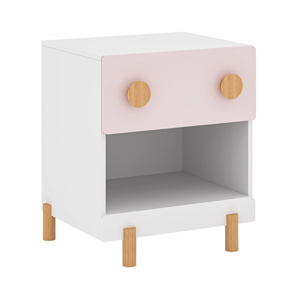 Comodino per Cameretta Vaarentaa con Cassetto e Scomparto Aperto 47x40x35 cm - Bianco/Rosa [en.casa]
