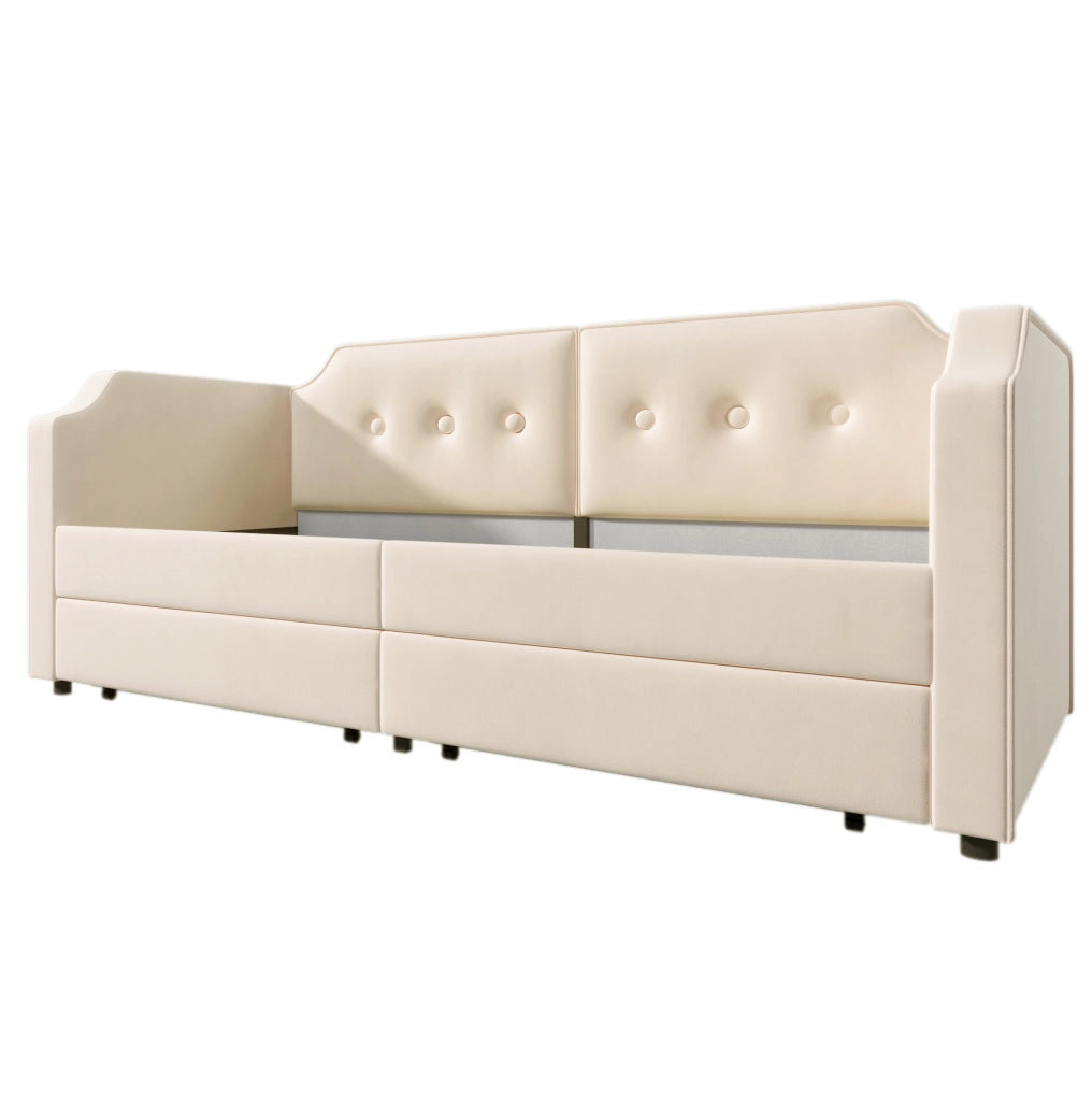 Letto 90x200 cm con USB Type-C; lampada da lettura e 2 cassetti in velluto beige