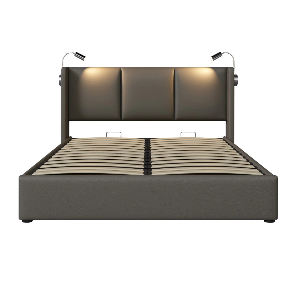 Letto contenitore 160x200 cm grigio in PU con luce LED e USB
