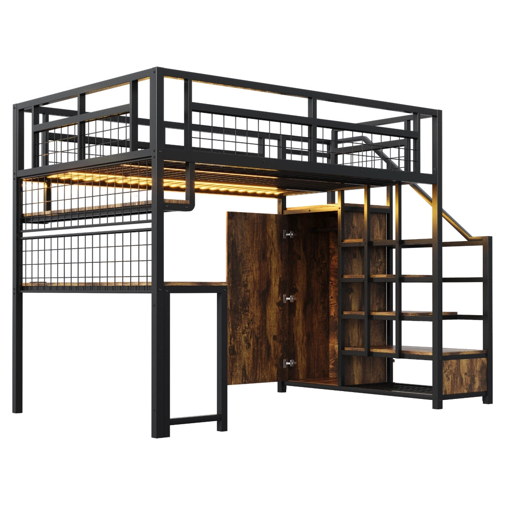 Letto a soppalco in metallo 140x200 cm nero con scrivania, scaffale, scala contenitore, armadio e luci integrate