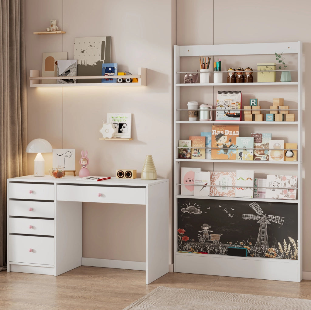 Set di 2 librerie espositive con 4 ripiani; lavagna e fissaggio a parete; bianco