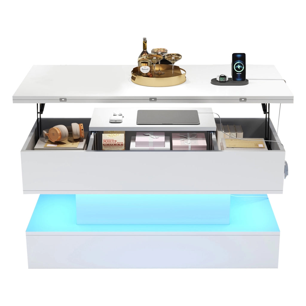 TAVOLO da caffè sollevabile 100x50x51,5 cm Bianco con presa USB-C