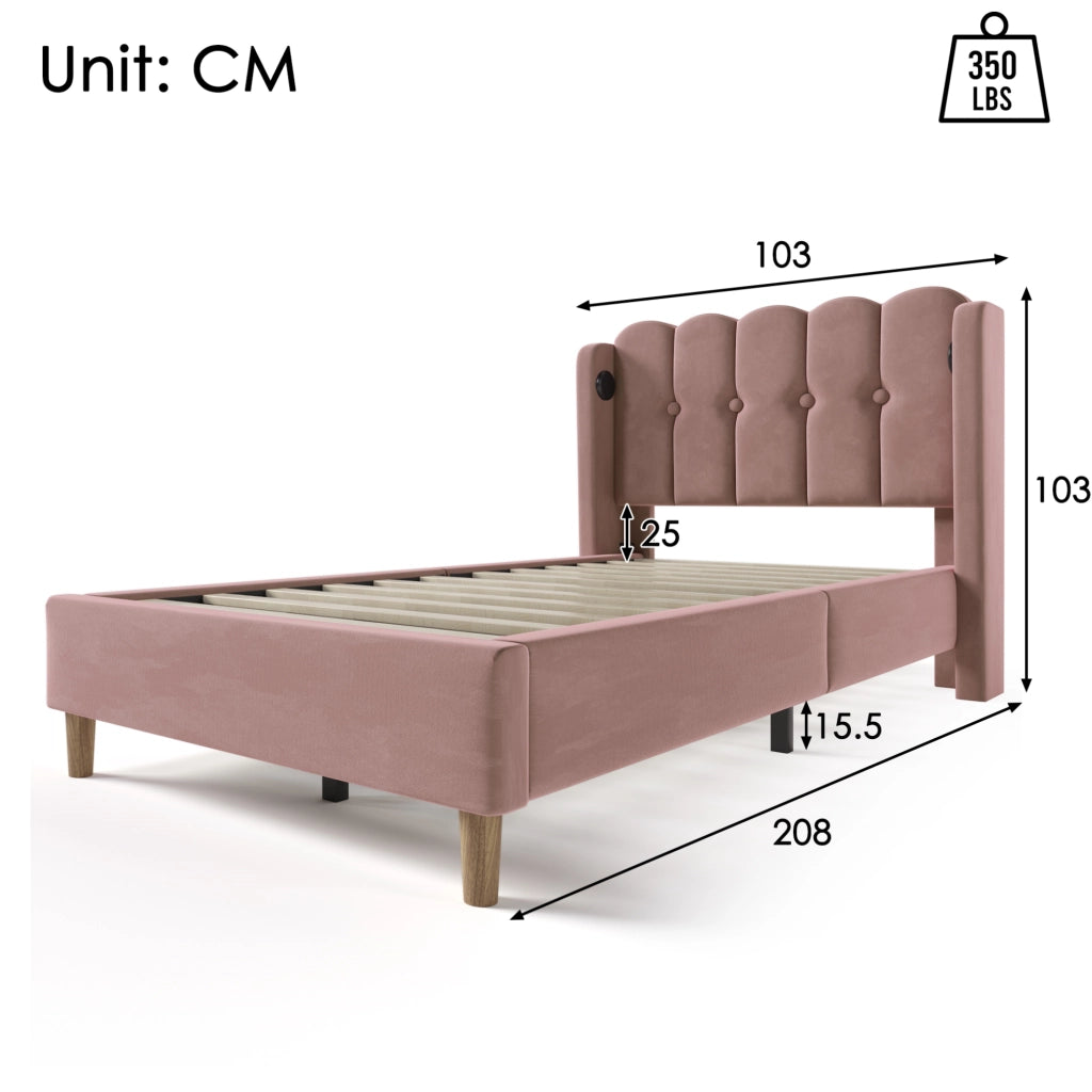 Letto singolo imbottito rosa 90x200 cm in velluto con USB e Type-C