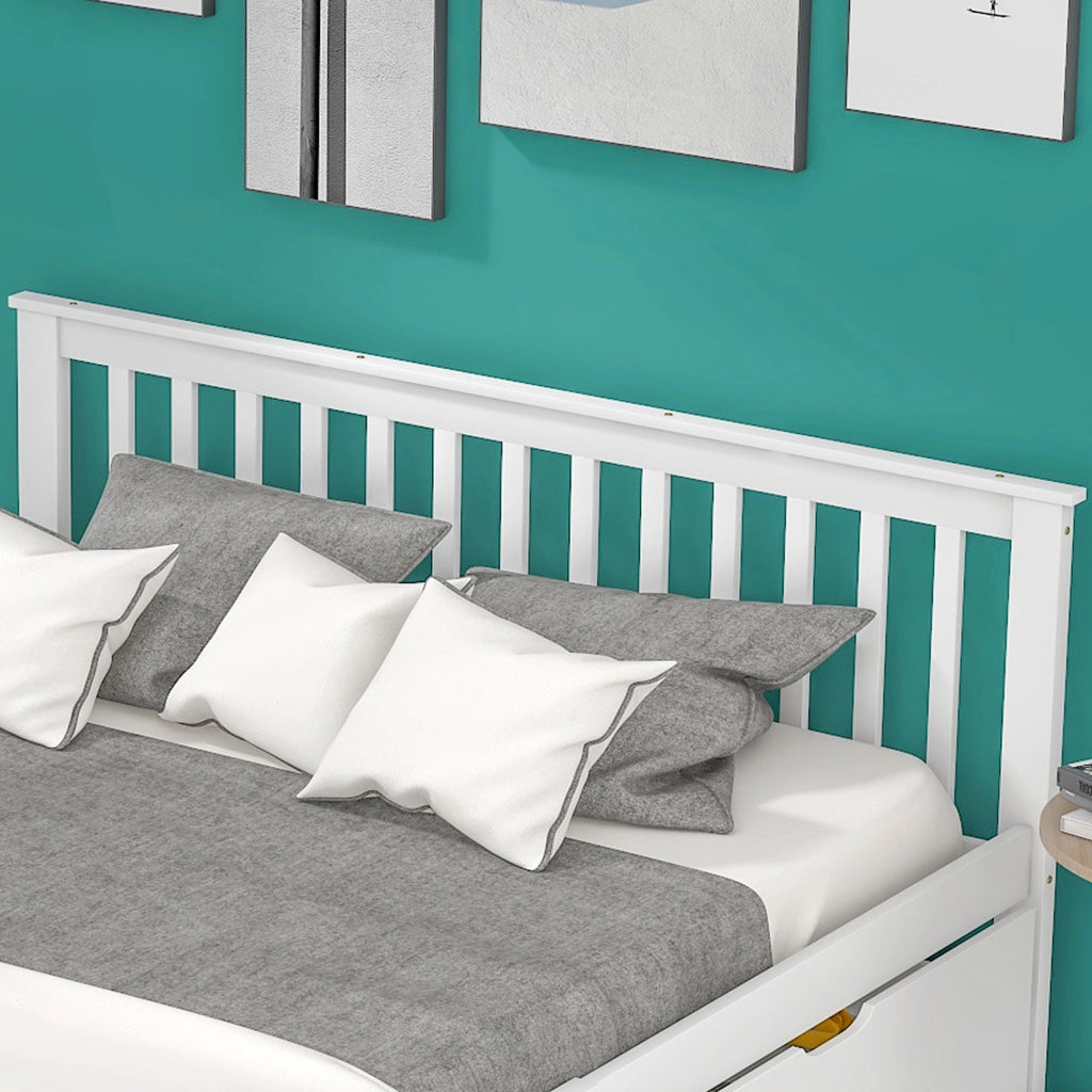 OKWISH Letto con Cassetti 140×200 cm, Letto Matrimoniale con 2 Cassetti, Testiera a Doghe Verticali, senza Materasso, Bianco