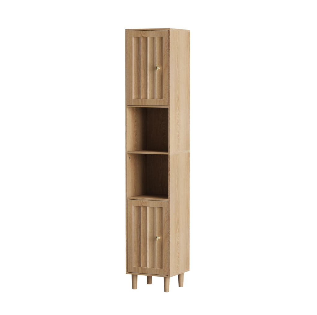 Armadio alto bagno 32x30x169 cm con ante scanalate e maniglie dorate in MDF naturale