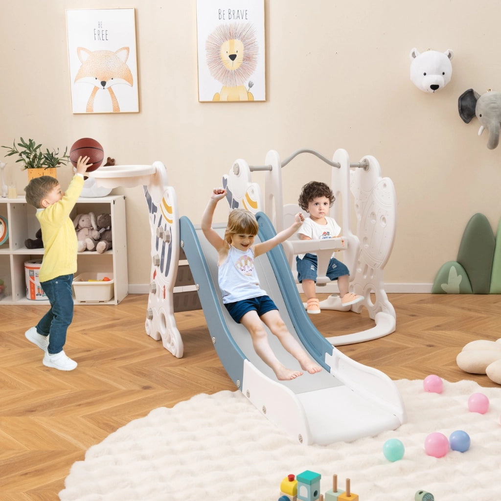 Set di scivolo e altalena per bambini con scivolo esteso altalena canestro da basket e arrampicata, Set di gioco Blu-Arrampicate e scivoli