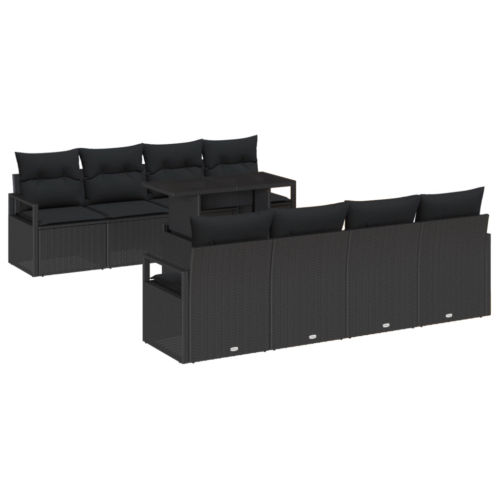 Set Divano da Giardino 9 Pezzi con Cuscini Nero Polyrattan