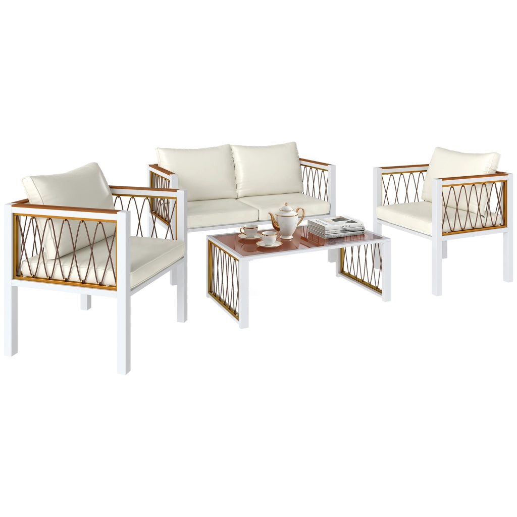 Set Lounge Giardino 4 Pezzi Polyrattan ¨C zephmum ¨C Grigio, Cuscini Rimovibili, Tavolino Vetro