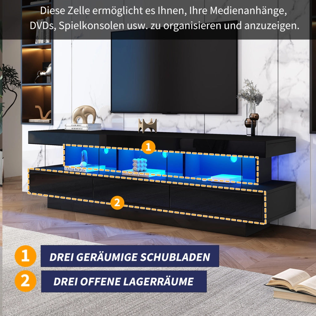 TV mobile 160x38x50;5 cm nero lucido con 3 ripiani in vetro e LED Bluetooth