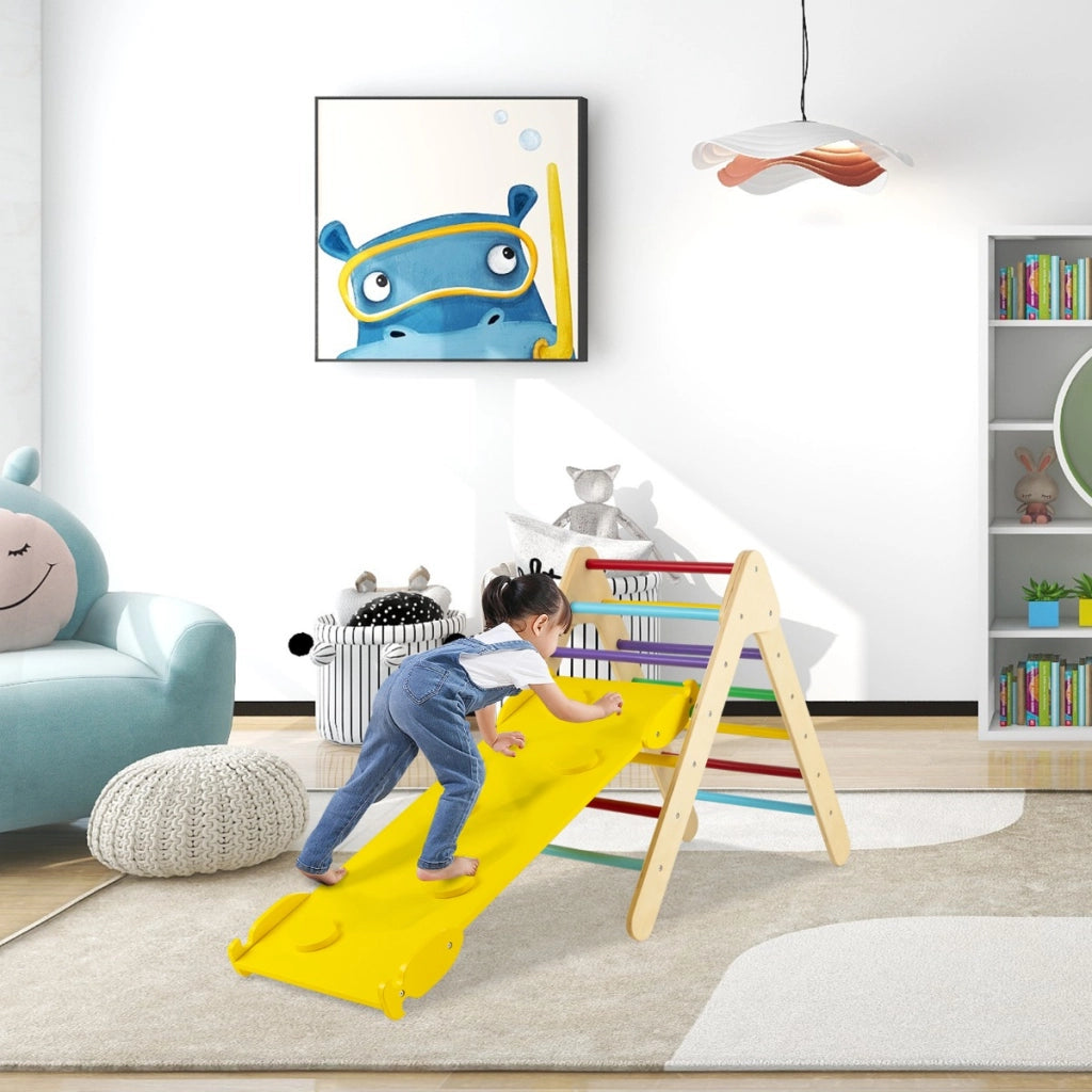Arrampicata giocattolo a triangolo per bambini 3-in-1, Arrampicatore con rampa di scivolo a 2 lati Colorato-Giocattoli educativi